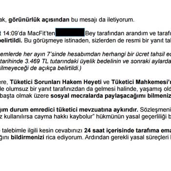 Macfit Cayma Hakkımı Yok Saydı Ödediğim Ücreti İade Etmiyor