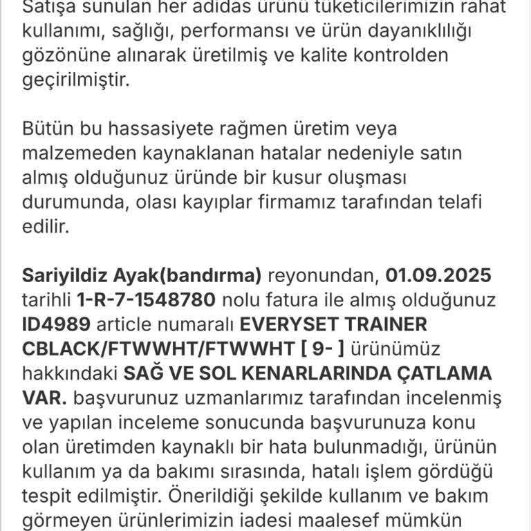 Yeni Alınan Spor Ayakkabının Tabanı Kısa Sürede Çatladı, Değişim Talebim Reddedildi