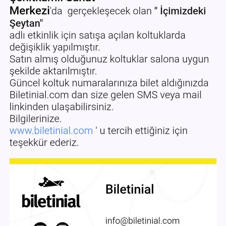 Biletinial.com Vıp Biletle Aldığım Ön Sıra Koltuklarım Arka Sıraya Alındı, Mağduriyetim Giderilmedi