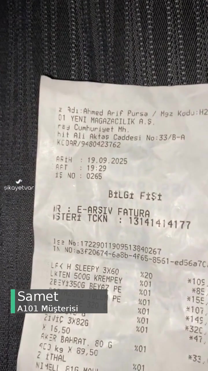 19.09.2025 Tarihli A101 Alışveriş Mağduriyeti videonun kapak resmi