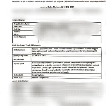 Lenovo Dizüstü Bilgisayarımda Arıza Sonrası Eksik Onarım Ve İletişim Sorunları Yaşadım