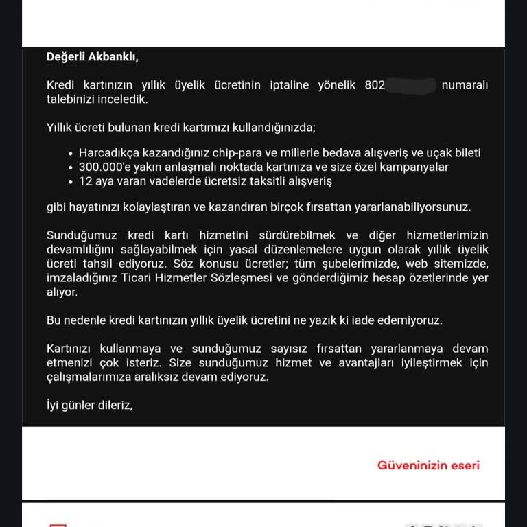 Bilgilendirilmeden Yansıtılan Kart Aidatı Ve Haksız Ret