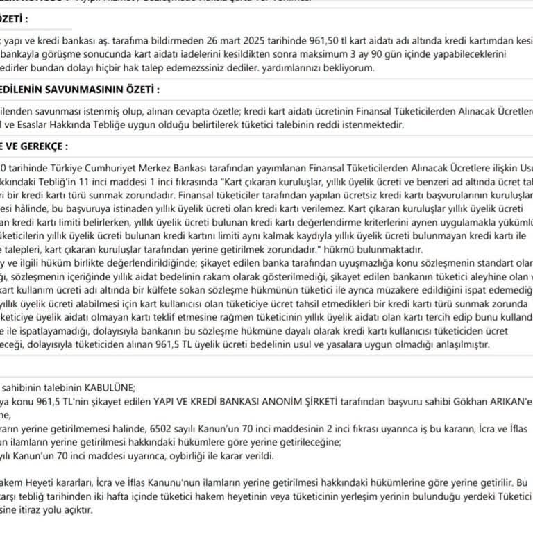 Hakem Heyeti Kararına Rağmen Kart Aidatım İade Edilmiyor