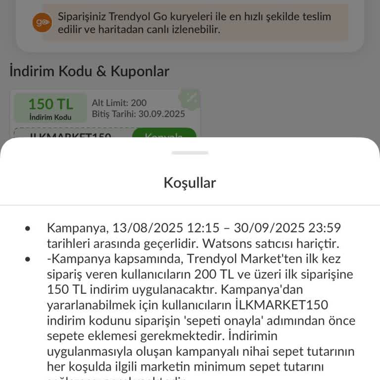 Trendyol Hızlı Market  Kuponunda Eksik Ve Yanıltıcı Bilgi Nedeniyle Mağduriyet