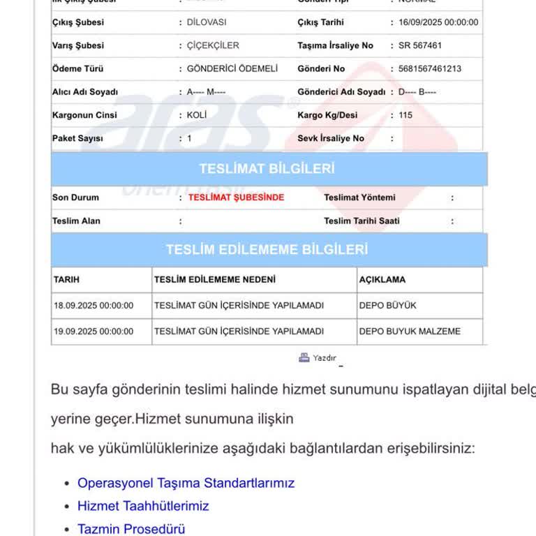 Kargo Teslimatında Uzun Süreli Gecikme Ve Yetersiz Bilgilendirme