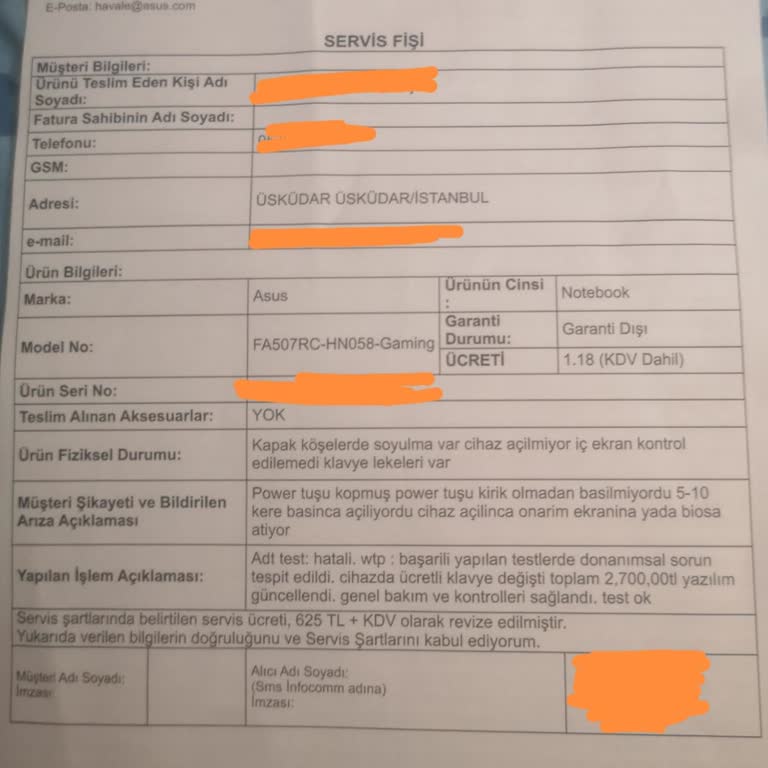 Asus Laptopta Kronik Arıza Ve Yüksek Değişim Ücreti Nedeniyle Mağduriyet