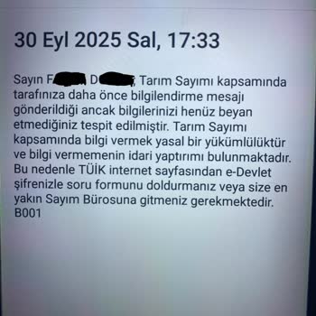 TÜİK Adına Gelen Tarım Sayımı Mesajlarının Doğruluğu Hakkında Bilgilendirme Talebi