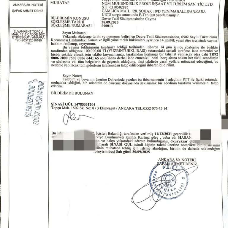 Cayma Hakkımı Kullanamıyorum 100 Bin TL Senet Ve Sözleşme İadesi İstiyorum