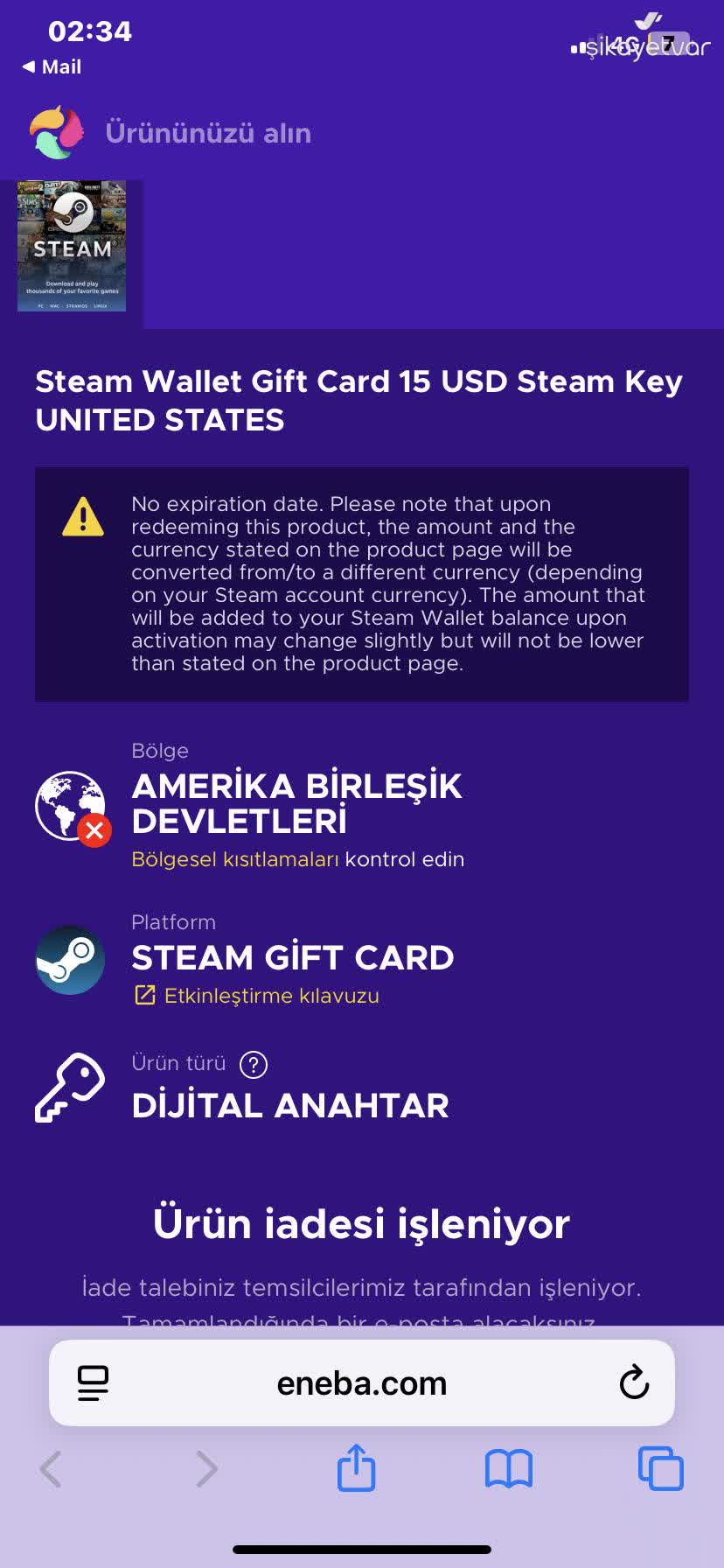 Eneba Steam Gift Card Not Delivered After ₺868 Payment - Xolvie