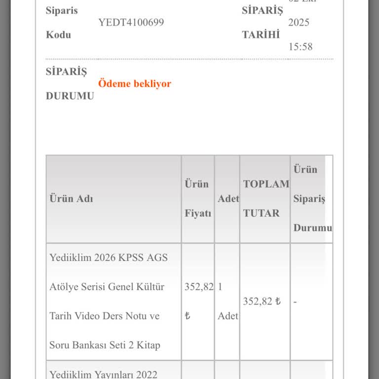 Yedi İklim Yayınevi Ödemesi Yapılan KPSS Kitap Siparişim Onaylanmıyor