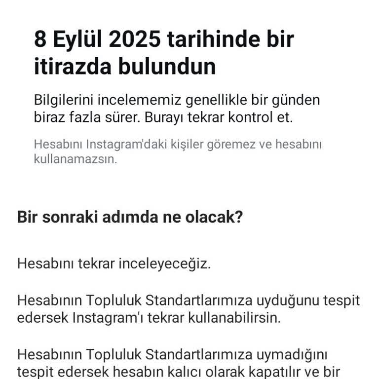 Instagram Hesabım Uyarı Olmadan Banlandı Ve İtiraz Süreci Sonuçlanmıyor