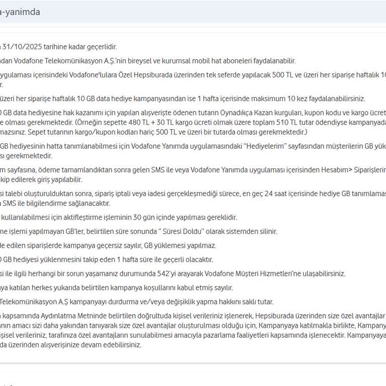 Hepsiburada Kampanya Kapsamında Hak Ettiğim 10 GB Data Kodunun Tarafıma İletilmesini Talep Ediyorum