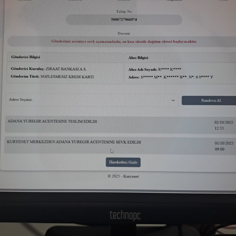 Kuryenet Tarafından Teslim Edilmeyen Banka Kartı