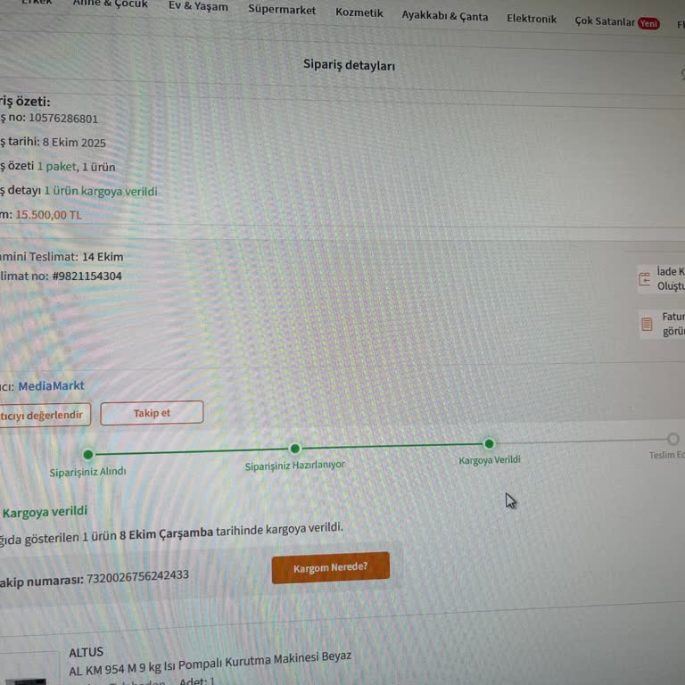 Teslim Edilmeyen Kurutma Makinesi İçin Çözüm Bekliyorum: Trendyol Ve Media Markt Sorumluluğu Üstlenmiyor