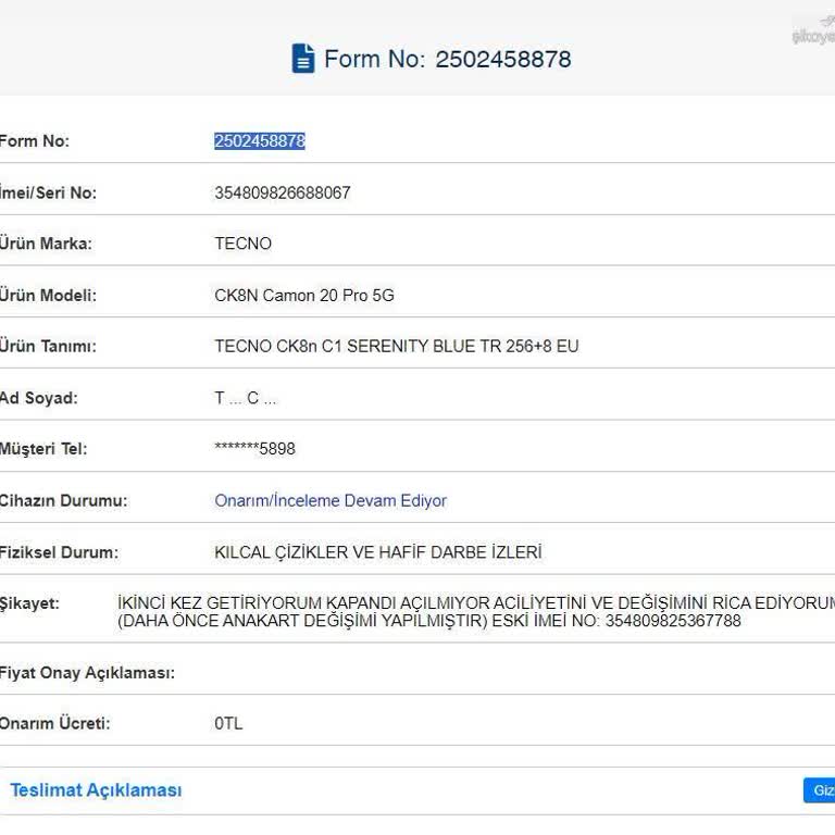 Tekrar Eden Arıza Ve Yetersiz Servis Desteği Nedeniyle Cihaz İadesi Talebi