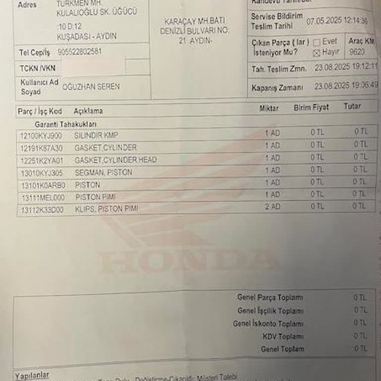Sıfır Alınan Honda Motosikletin Uzayan Tamir Süreci Ve Yetersiz Müşteri Desteği