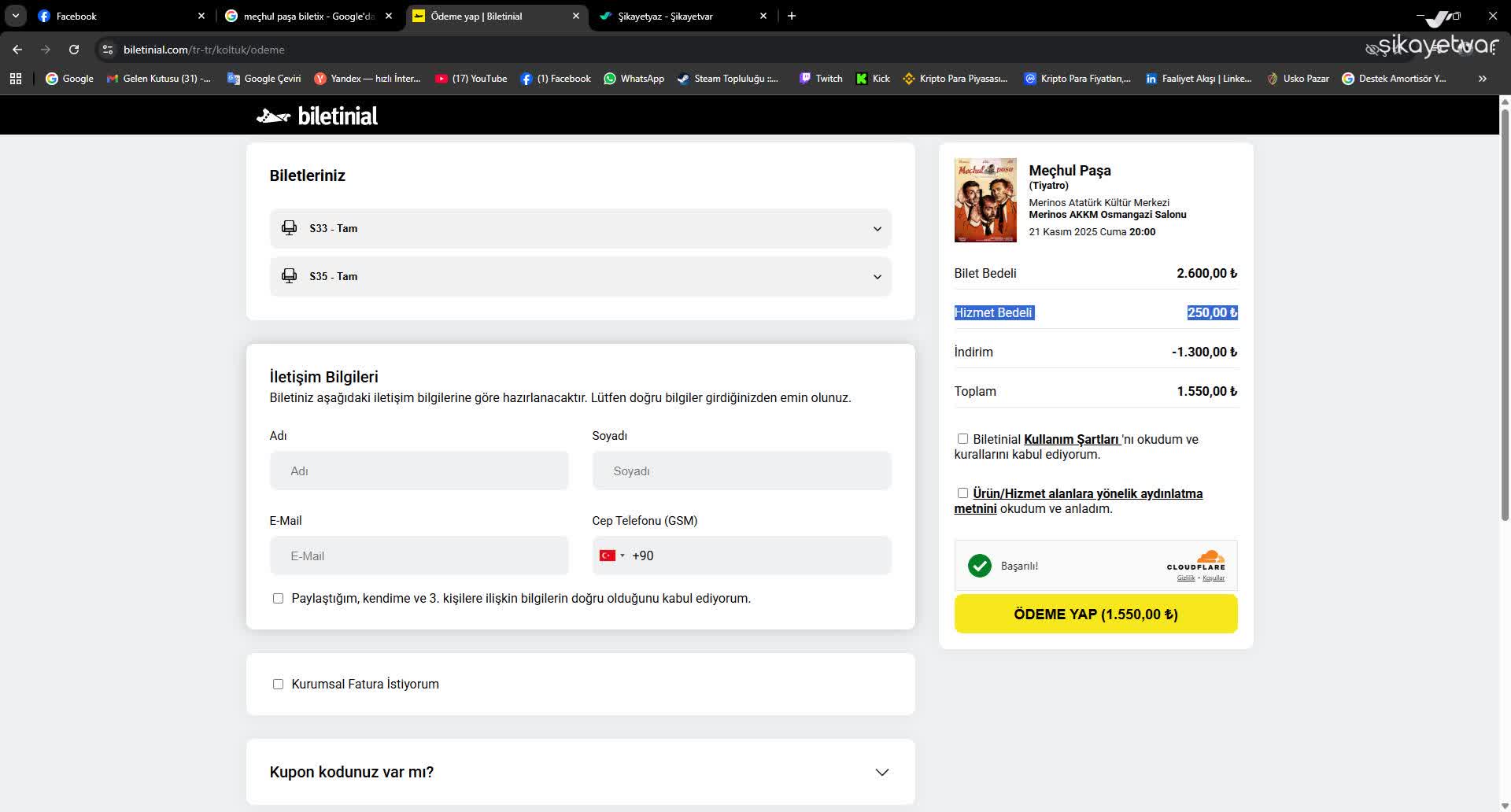 Biletinial.com Gizli Ve Yüksek Hizmet Bedeli Mağduriyeti - Şikayetvar