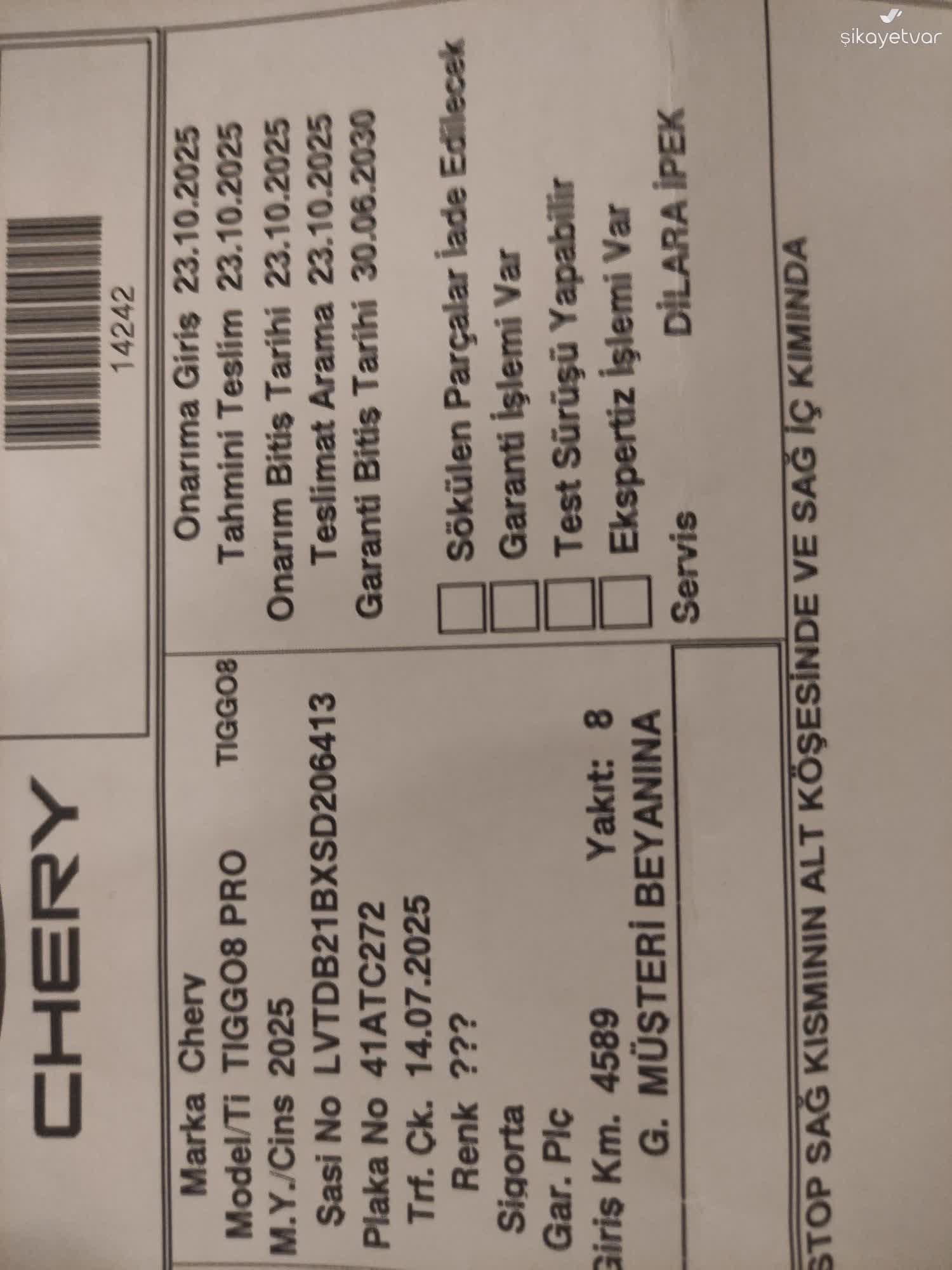4 Aylık Chery Tiggo 8 Pro Max'te Stop Lambası Buharlaşması Ve