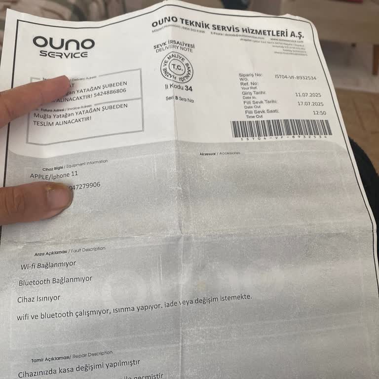 Ouno Service Teknik Servis Sorunları Ve Tekrarlayan Arızalar Nedeniyle Para İadesi Talebim