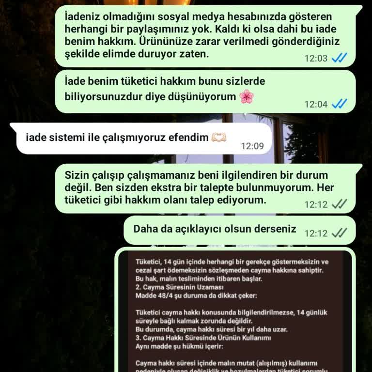 İade Bilgisi Olmadan Satılan Kaban İçin Ücret İadesi Talebim Reddedildi