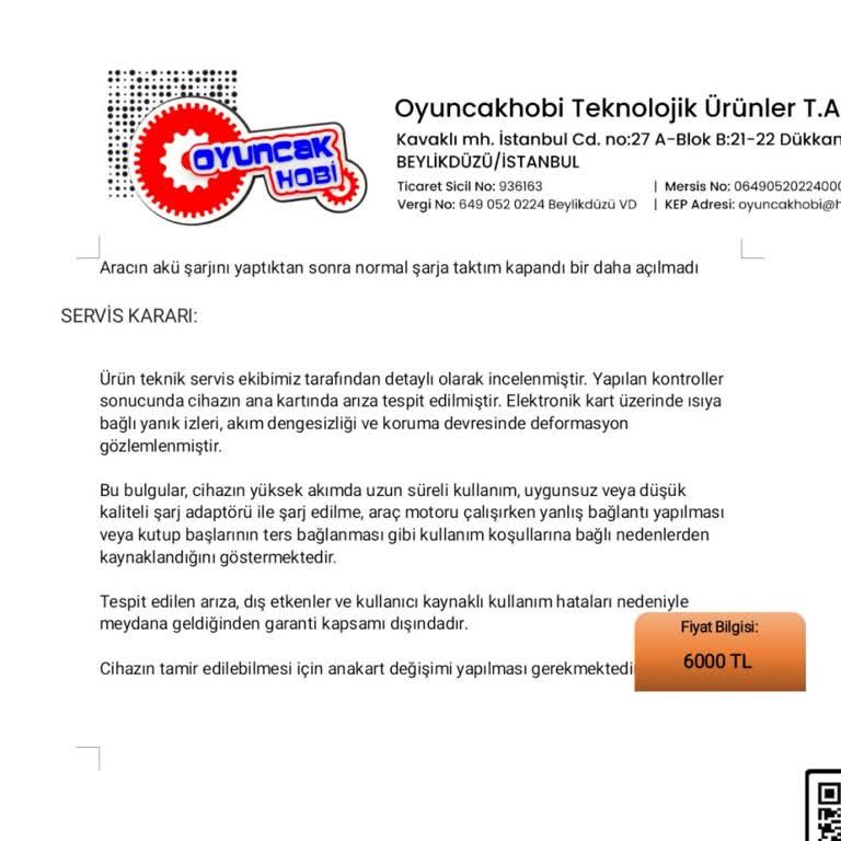 İlk Kullanımda Arızalanan Akü Şarj Cihazı Ve Garanti Dışı Bırakılması