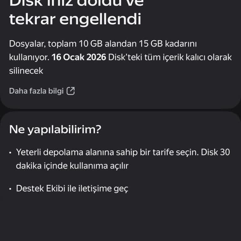 Yandex Disk Depolama Sınırı Nedeniyle Dosyalarıma Erişemiyorum