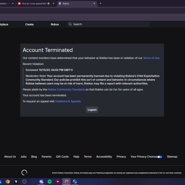 Roblox Hesabım Hiçbir Gerekçe Olmadan Kalıcı Olarak Kapatıldı