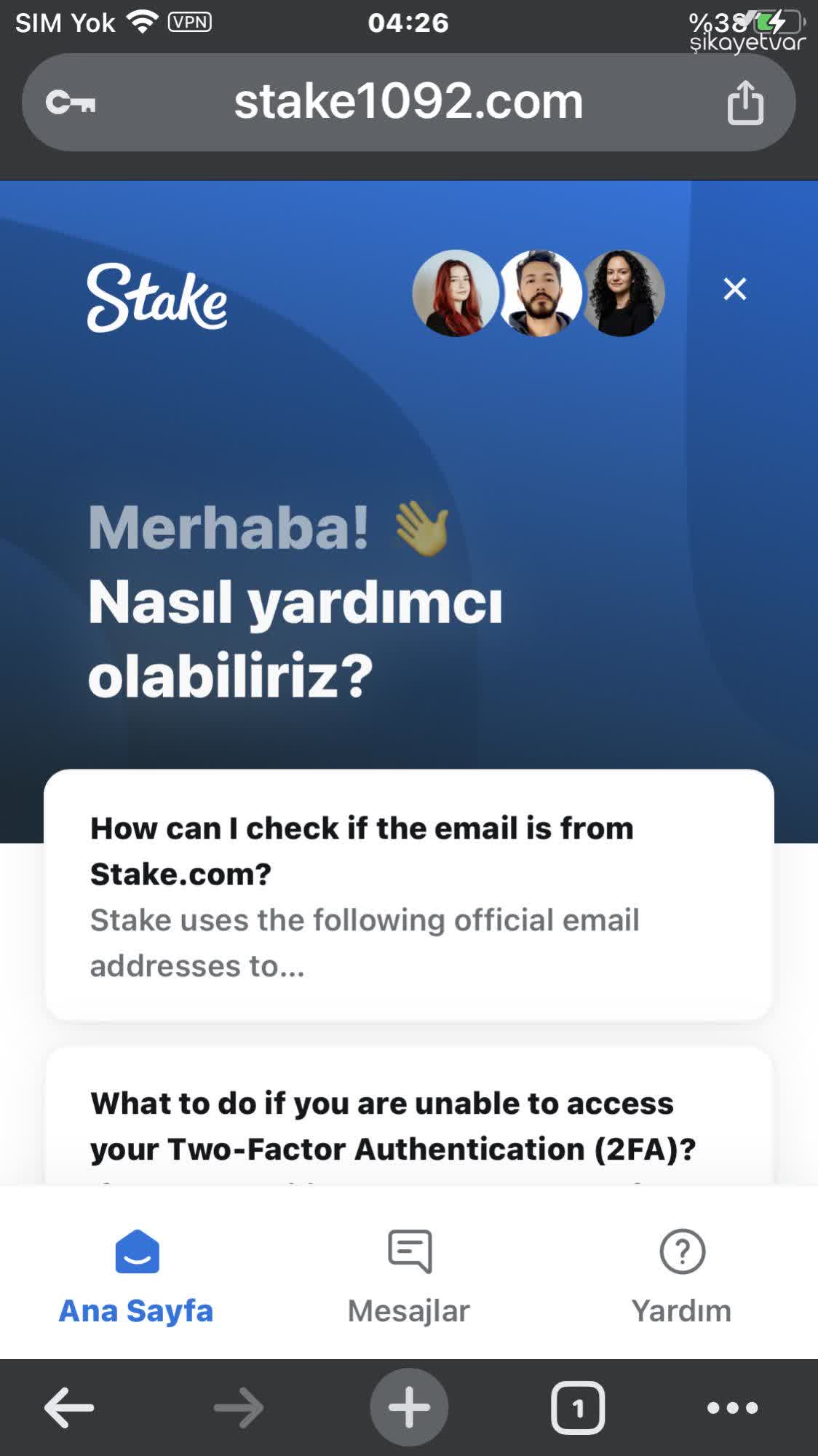 Screenshot eines möglichen Login- oder Zugriffsproblems auf der Stake-Webseite