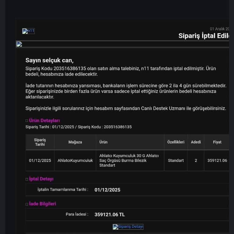N11'in Açıklamasız Sipariş İptali Sonrası Kart Limitim Bloke Oldu