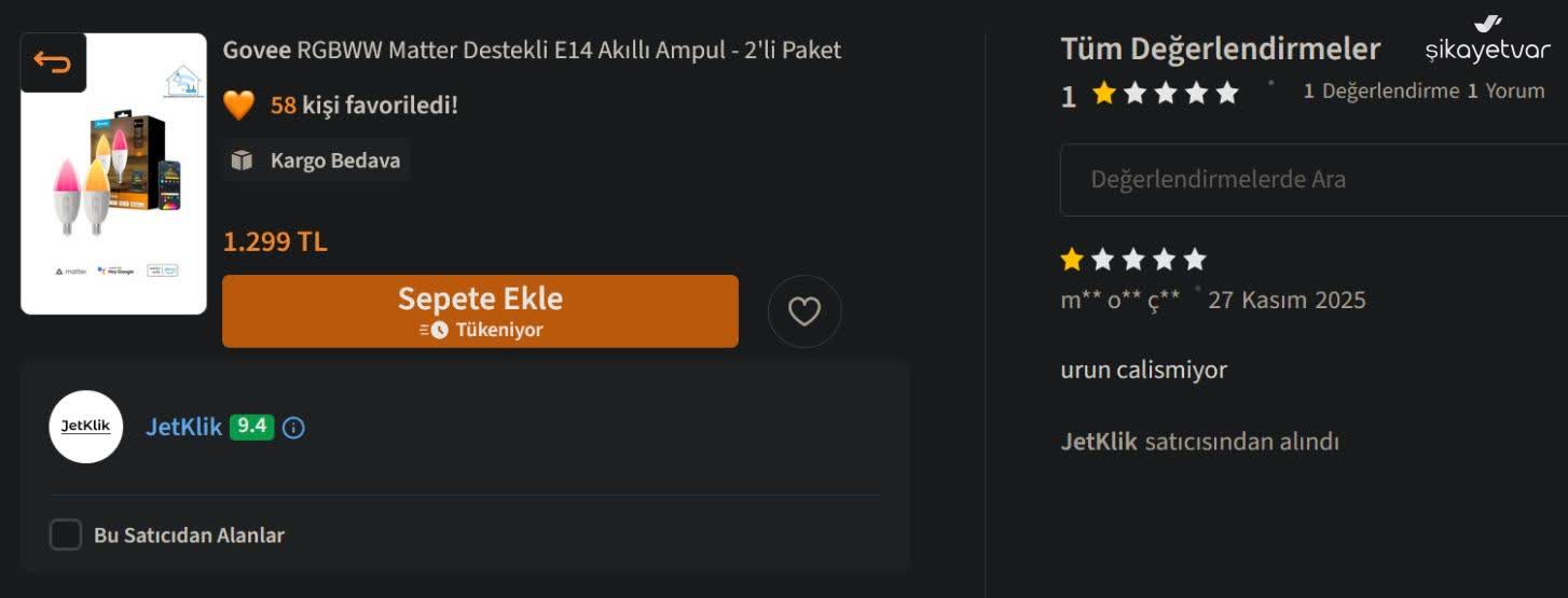 JetKlik Ayıplı Ürünü Tekrar Satışa Sunan Satıcı Hakkında Şikayet