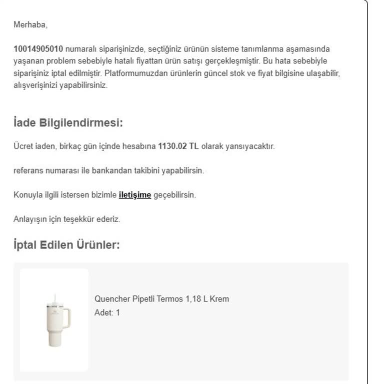 Trendyol’da Fiyat Hatası Gerekçesiyle Siparişimin Tekrar İptal Edilmesinden Dolayı Mağduriyet