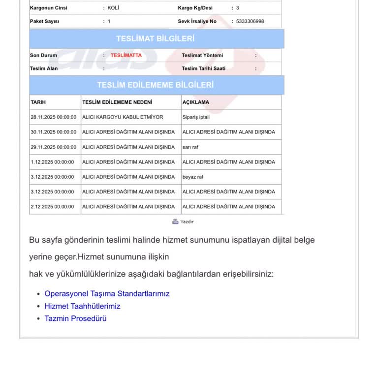İade Edilmeyen Kargo Nedeniyle Ücret İadesi Yapılmıyor