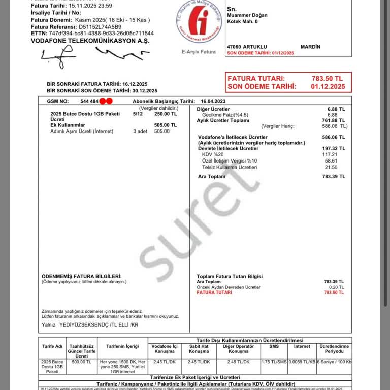 Vodafone Durma Özelliğine Rağmen Yüksek Fatura Mağduriyeti