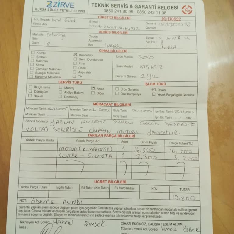 Ödeme Yapılan Buzdolabı Tamiri Hizmeti Sunulmadı, Ücret İadesi Talebi