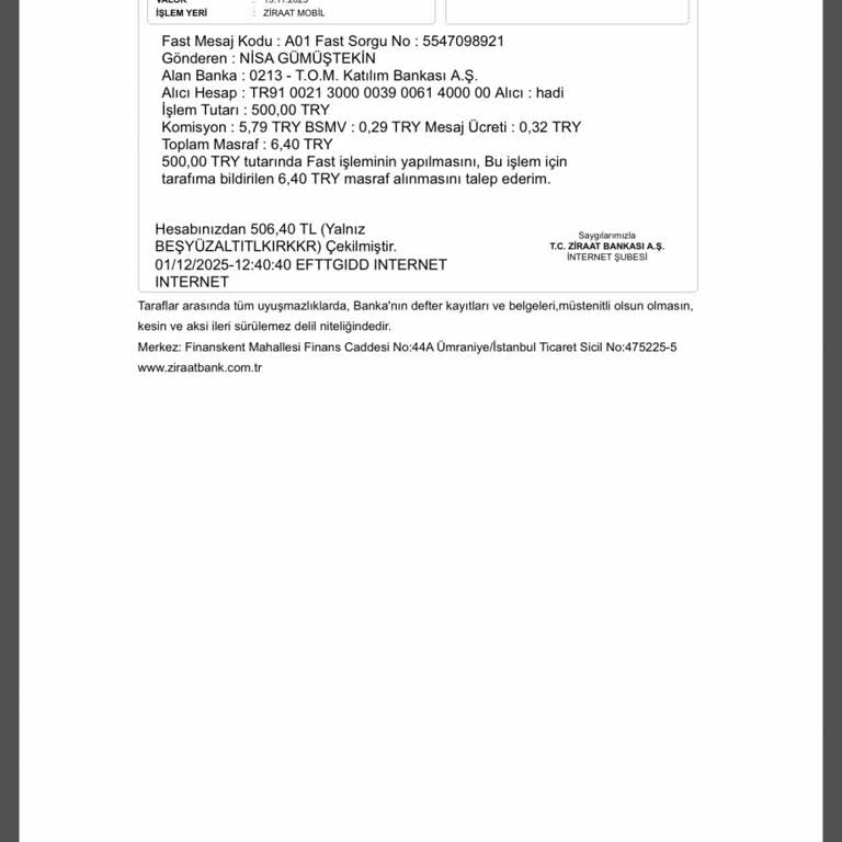 Tom Bank Üzerinden Gönderdiğim 500 TL Ne Karta Yansıdı Ne De İade Edildi Mağdurum