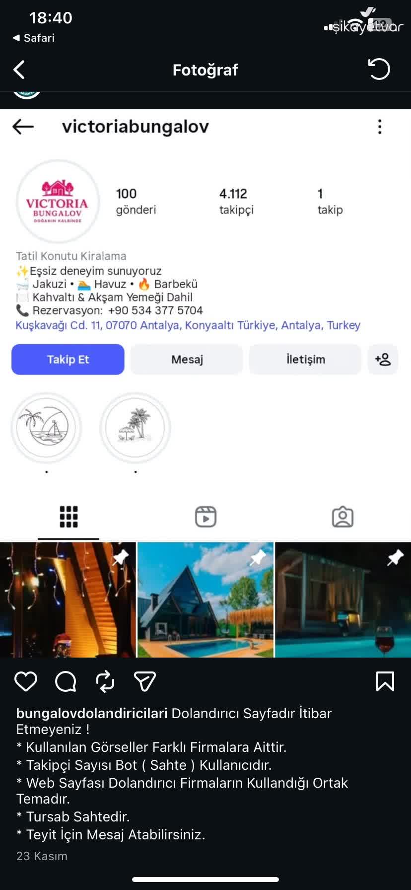Bungalov Konaklama Dolandırıcılığı Victoria Bungalov Antalya Sahte Profili  - Şikayetvar