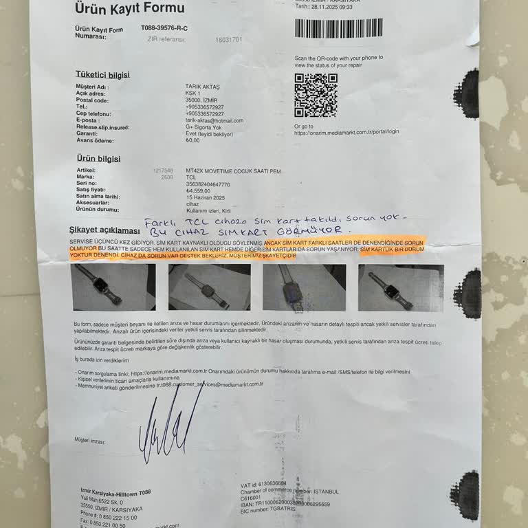 Tekrar Eden Arızaya Rağmen KVK Teknik Servis'ten Çözüm Alamıyorum: TCL Çocuk Saatinde Süregelen Sorun