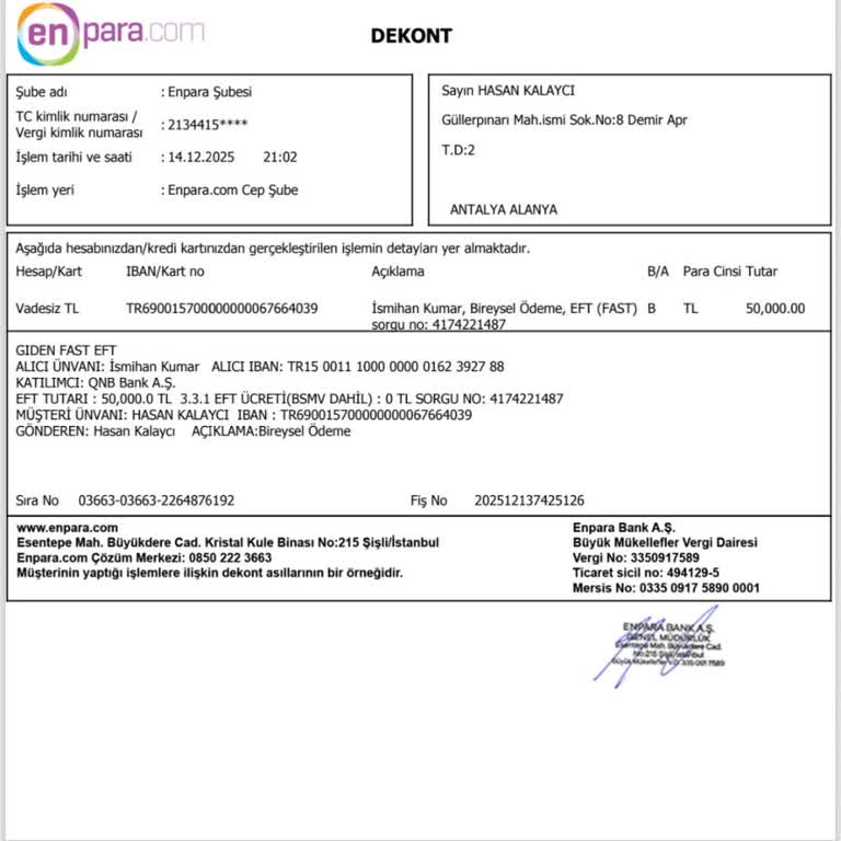 Enpara FAST/EFT İşlem İadesi Hatalı Görünüyor, 50.000 TL Hesabıma Dönmedi