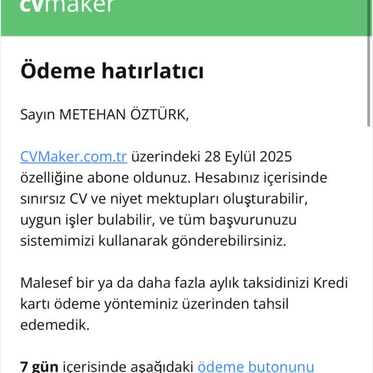 CV Maker'da Onaysız Abonelik Ve Sürekli Tahsilat Girişimi Mağduriyeti