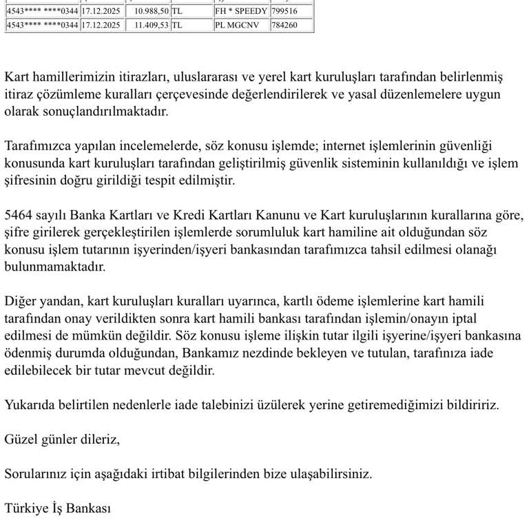 İş Bankası Kredi Kartımdan Yapılan İzinsiz İşlemler Ve İtirazımın Dikkate Alınmaması