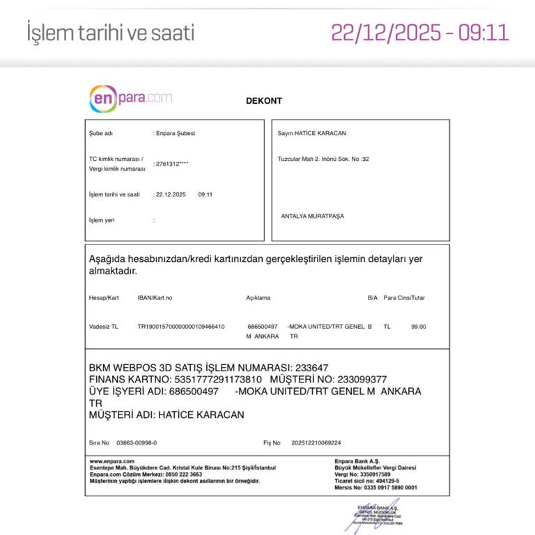 Moka United'tan Gelen İzinsiz 99 TL Çekimlerin İptali Ve İadesi