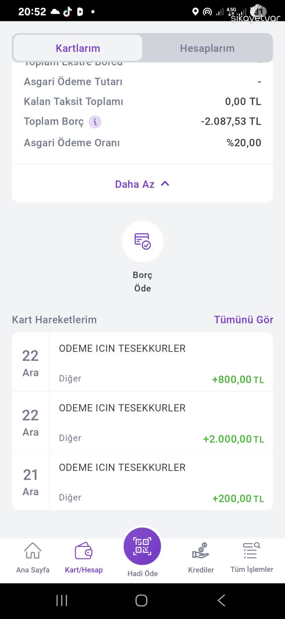 Hadi - TOMBANK Kapanan Hadi Black Kartta Kalan 2.087,53 TL Hesaba