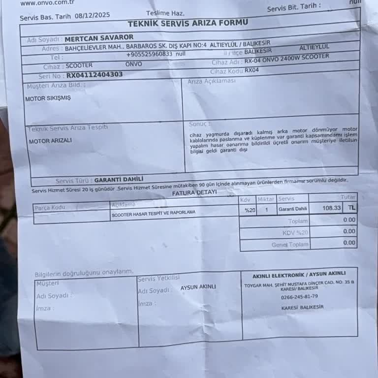 Garanti Kapsamındaki Scooterda Motor Arızası Ve Ücret Talebi