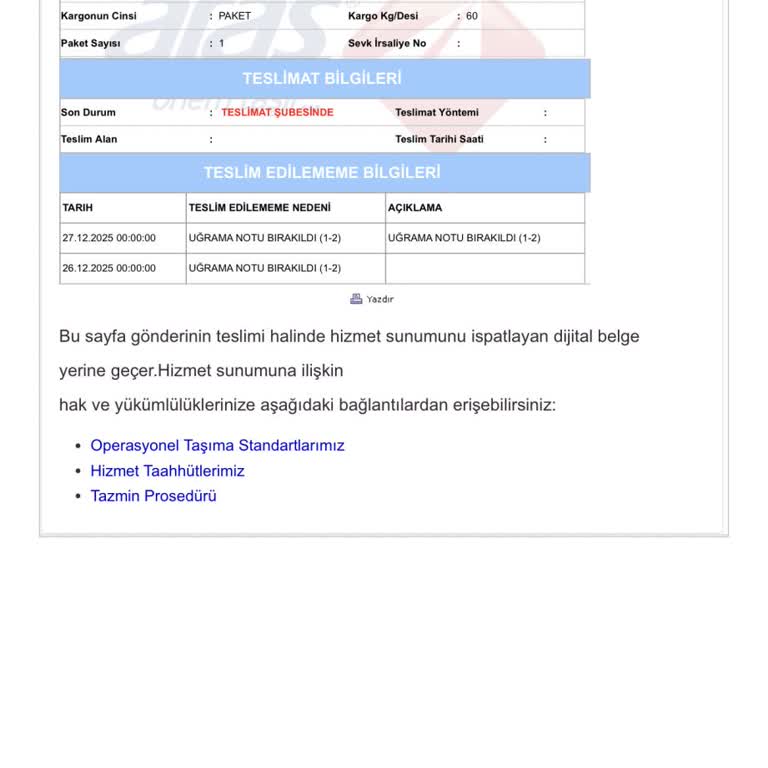 Teslim Edildiği İddia Edilen Kargo Gerçekte Gelmedi Ve Şube Yanıtsız