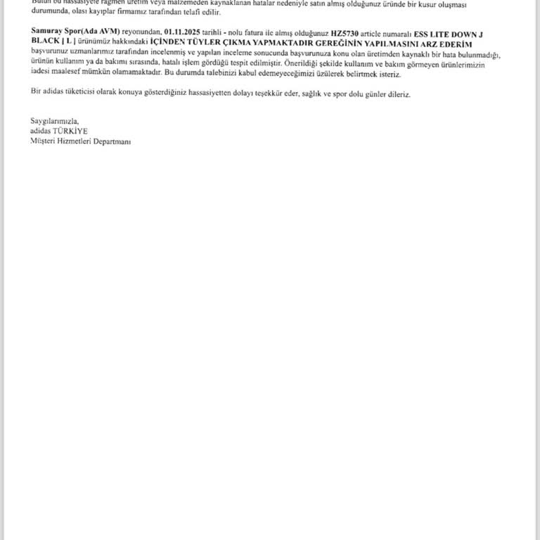 Adidas Essentials Lite Down Erkek Montunda Tüy Dökülmesi Ve İade Talebinin Reddedilmesi