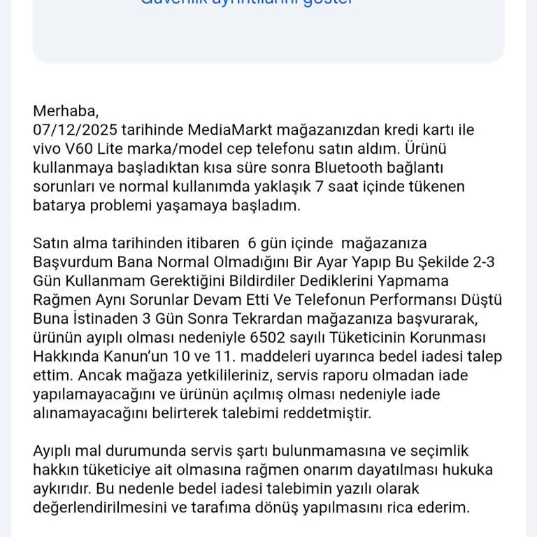 Vivo V60 Lite Telefonun Batarya Ve Bluetooth Sorunları Nedeniyle Ayıplı Olarak İade Talebim Reddedildi