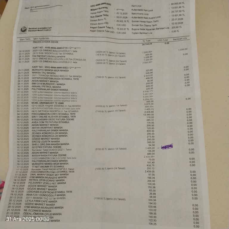 Kredi Kartı Hesabında 4.500 TL Farkı Açıklama Talebi