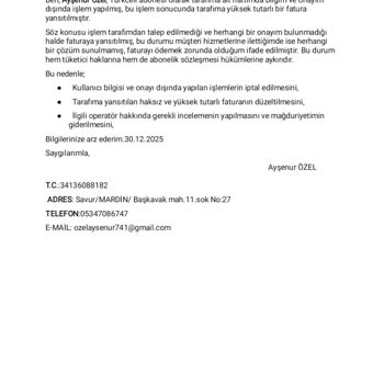 İzinsiz Paket Değişikliği Sonrası 1.541 TL Haksız Fatura Şikayeti