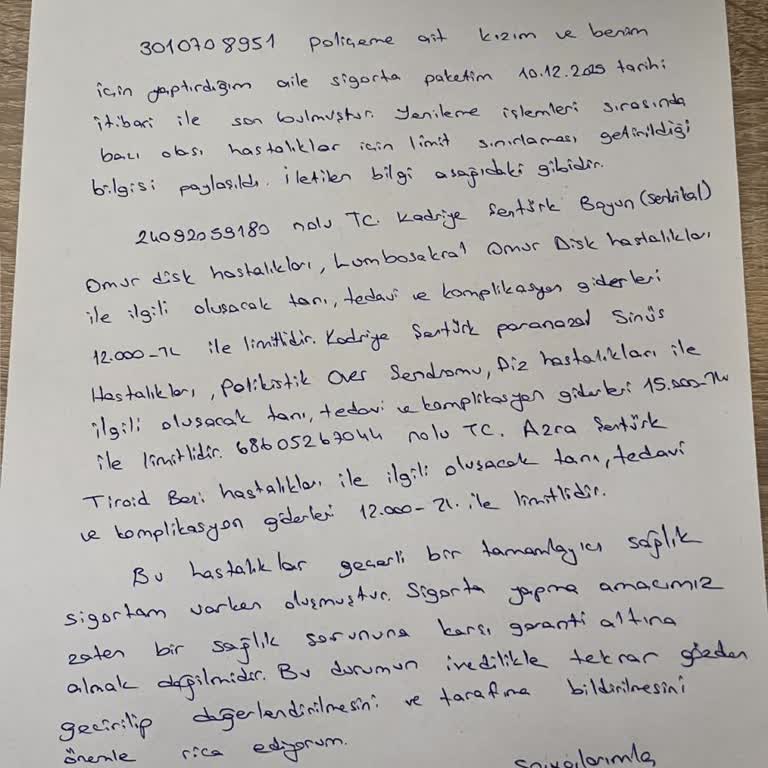 Türkiye Sigorta’ya Kızım Ve Benim İçin Habersiz Düşük Limit Kısıtlamaları Ve Cevapsız İtiraz