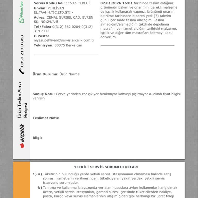 Arçelik Türk Kahvesi Makinesinde Parça Ücretinin Aşırı Yüksek Olması Ve Servis Ücretine İtiraz